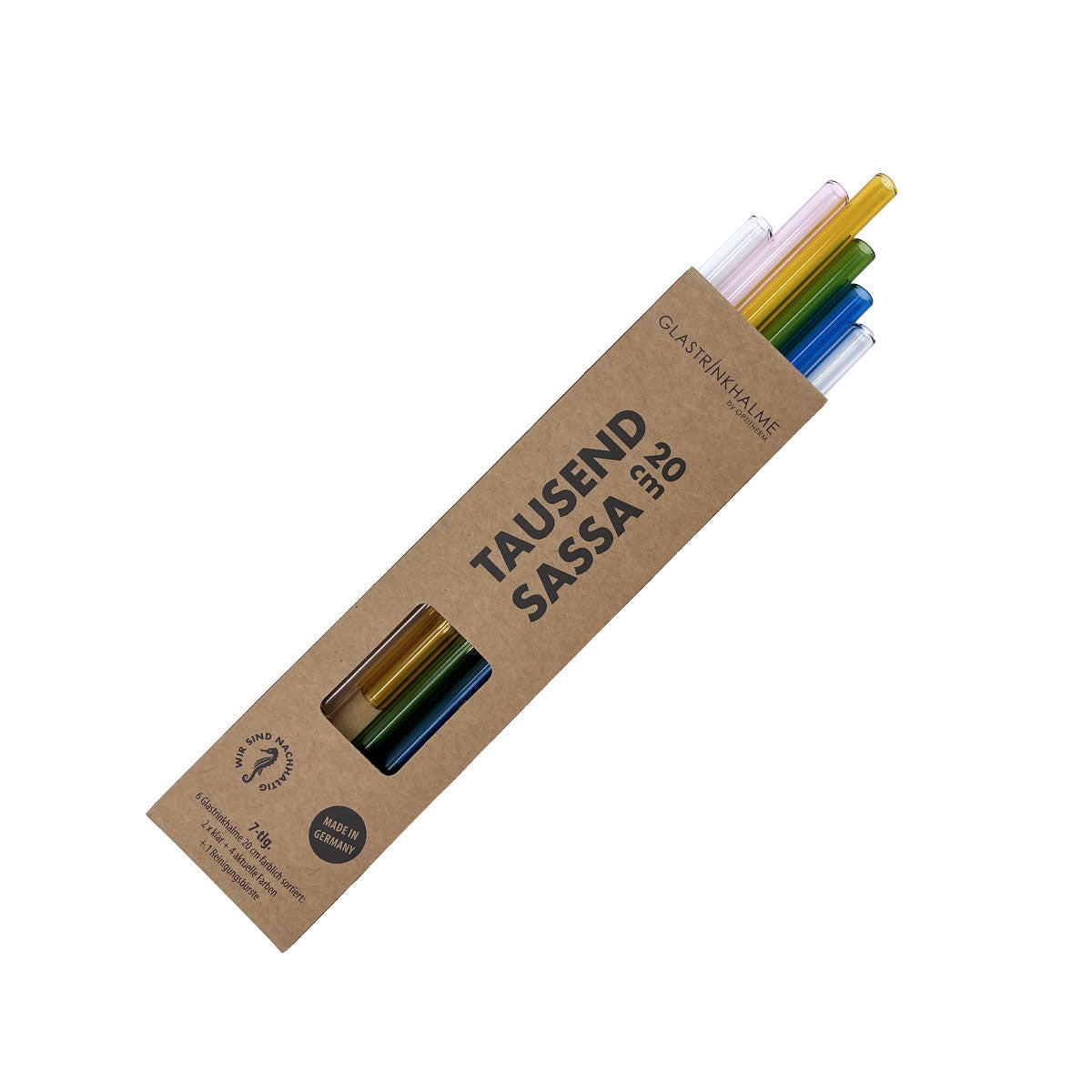 Unser 20 cm langer Standard-Glastrinkhalm passt in jedes Trinkglas - ein echter „Tausendsassa“ also! Ob Longdrink, Saftschorle, Wasser oder Softdrink: der 20 cm lange Tausendsassa freut sich über jede Erfrischung! Im Set enthalten sind 6 farblich sortierte Glastrinkhalme (20 cm, gerade; 1x gelb, 1x blau, 1x pink, 1x grün, 2x klar) und eine Reinigungsbürste aus Nylon oder Baumwolle. Produktmaße Länge: 20 cm Durchmesser: 8 mm