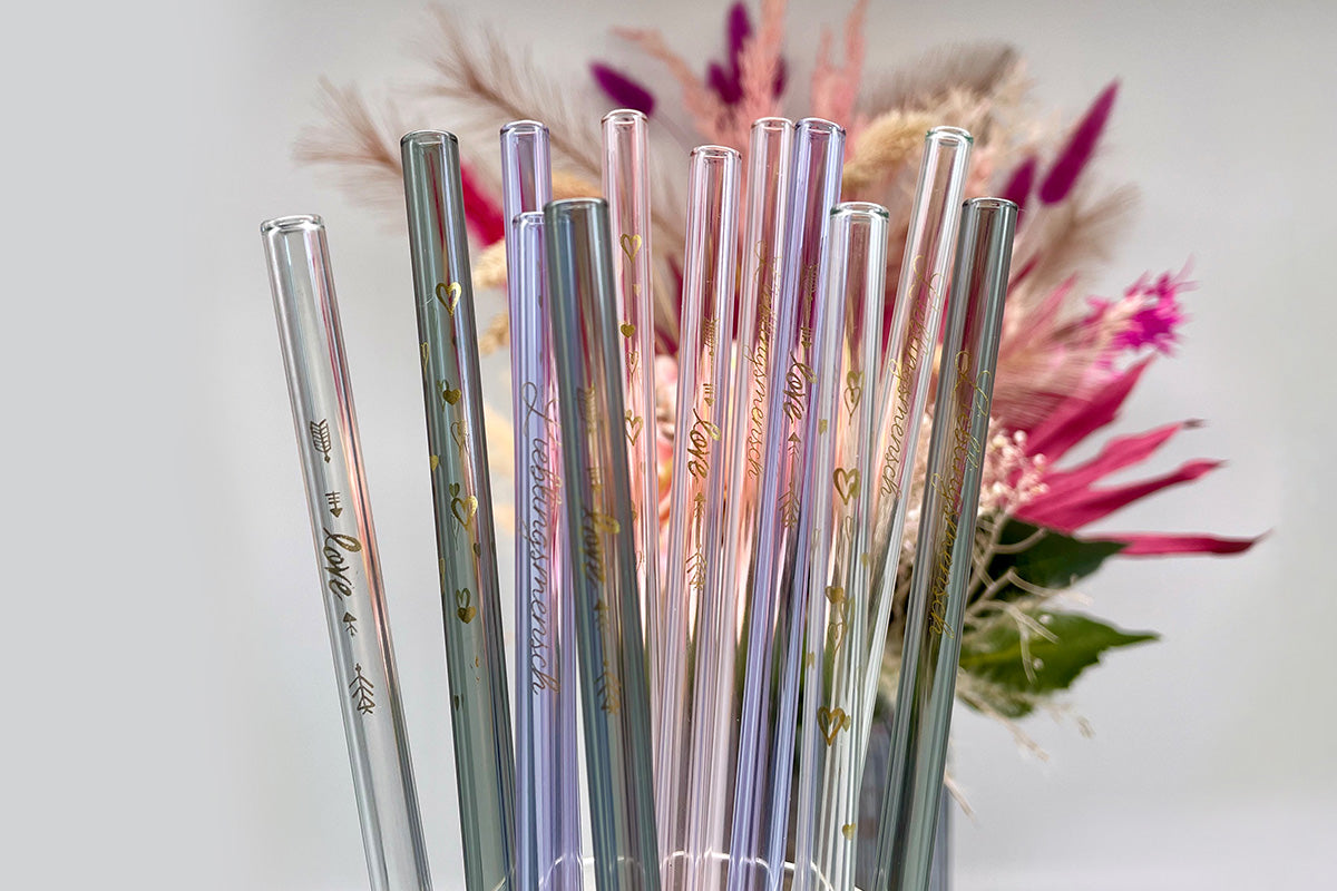 2 klare Glastrinkhalme (20 cm) mit Druck Happy Easter/Ostereier + Reinigungsbürste