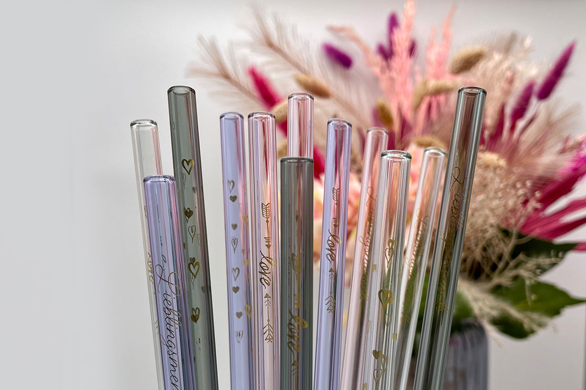 6 bunte (Amber, Gelb, Grün, Klar) Glastrinkhalme (20 cm) mit Druck