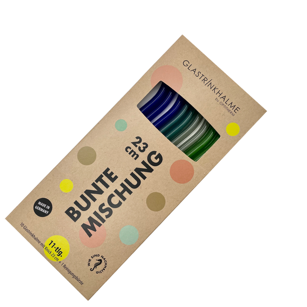 10 farbige (2x Blaugrün, 3x Kobaltblau, 2x Grau, 3 x Grün) Glastrinkhalme Bunte Mischung (23 cm mit Knick) + Reinigungsbürste