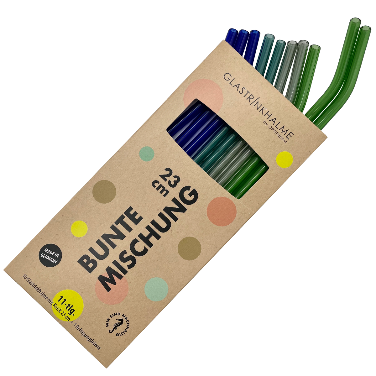 10 farbige (2x Blaugrün, 3x Kobaltblau, 2x Grau, 3 x Grün) Glastrinkhalme Bunte Mischung (23 cm mit Knick) + Reinigungsbürste