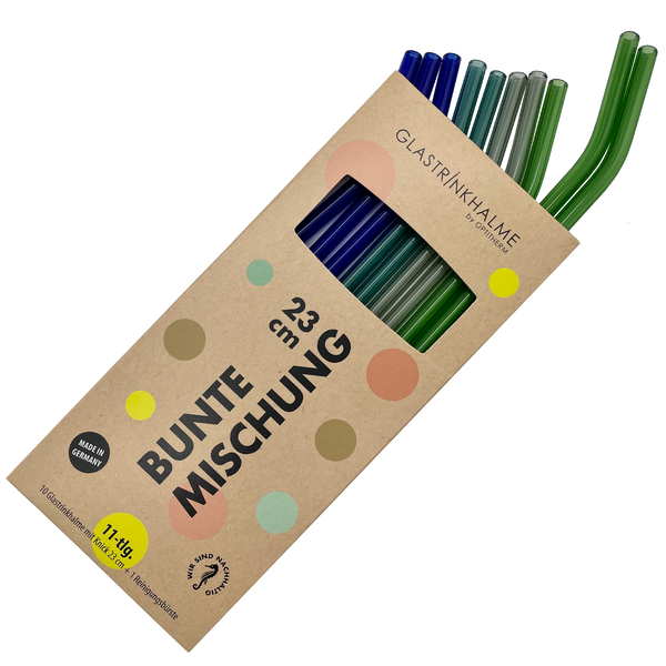 10 farbige (2x Blaugrün, 3x Kobaltblau, 2x Grau, 3 x Grün) Glastrinkhalme Bunte Mischung (23 cm mit Knick) + Reinigungsbürste