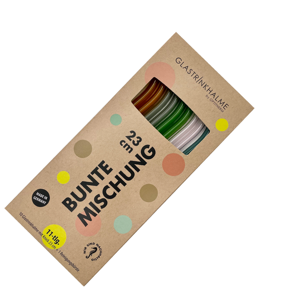 10 farbige (2 x Rosa, 2x Blaugrün, 2x Light-Amber, 2x Grau, 2 x Grün) Glastrinkhalme Bunte Mischung (23 cm mit Knick) + Reinigungsbürste