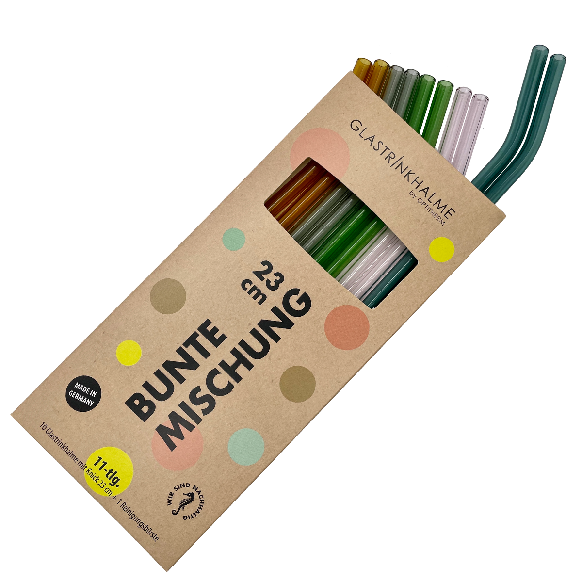 10 farbige (2 x Rosa, 2x Blaugrün, 2x Light-Amber, 2x Grau, 2 x Grün) Glastrinkhalme Bunte Mischung (23 cm mit Knick) + Reinigungsbürste