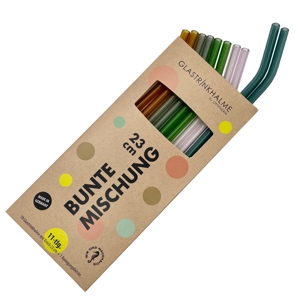 10 farbige (2 x Rosa, 2x Blaugrün, 2x Light-Amber, 2x Grau, 2 x Grün) Glastrinkhalme Bunte Mischung (23 cm mit Knick) + Reinigungsbürste