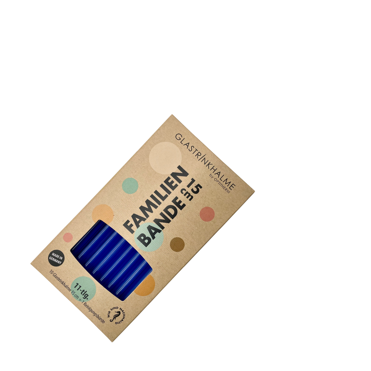 10 farbige (Blau) Glastrinkhalme „Familienbande“ (15 cm) + Reinigungsbürste
