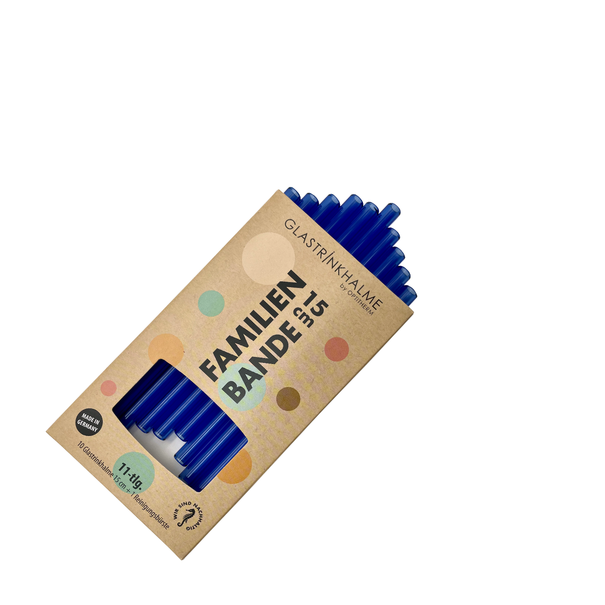 10 farbige (Blau) Glastrinkhalme „Familienbande“ (15 cm) + Reinigungsbürste