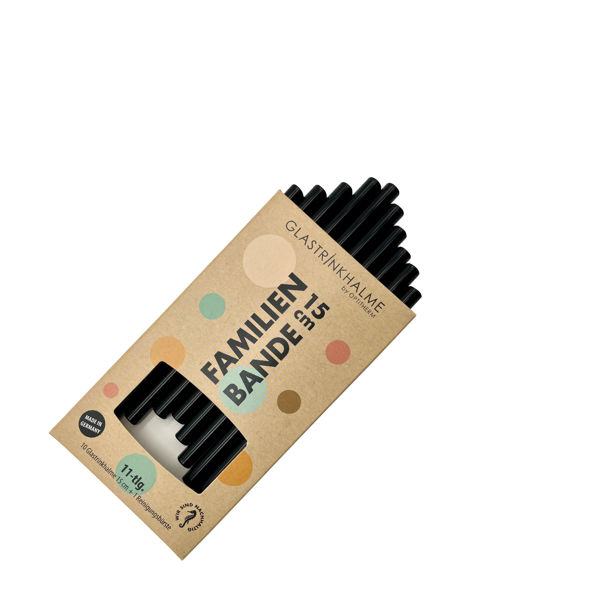10 farbige (Schwarz) Glastrinkhalme „Familienbande“ (15 cm) + Reinigungsbürste