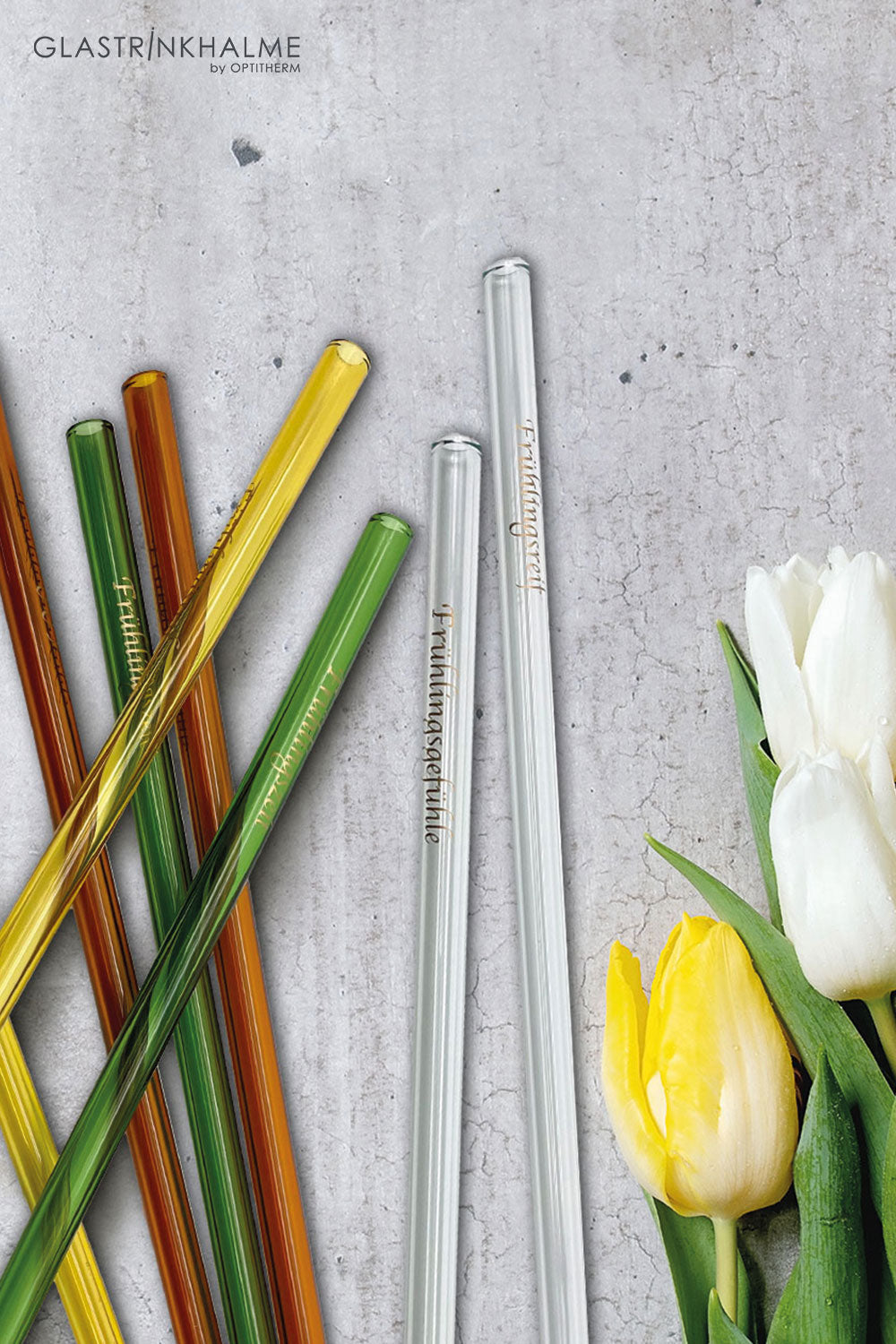 6 bunte (Amber, Gelb, Grün, Klar) Glastrinkhalme (20 cm) mit Druck