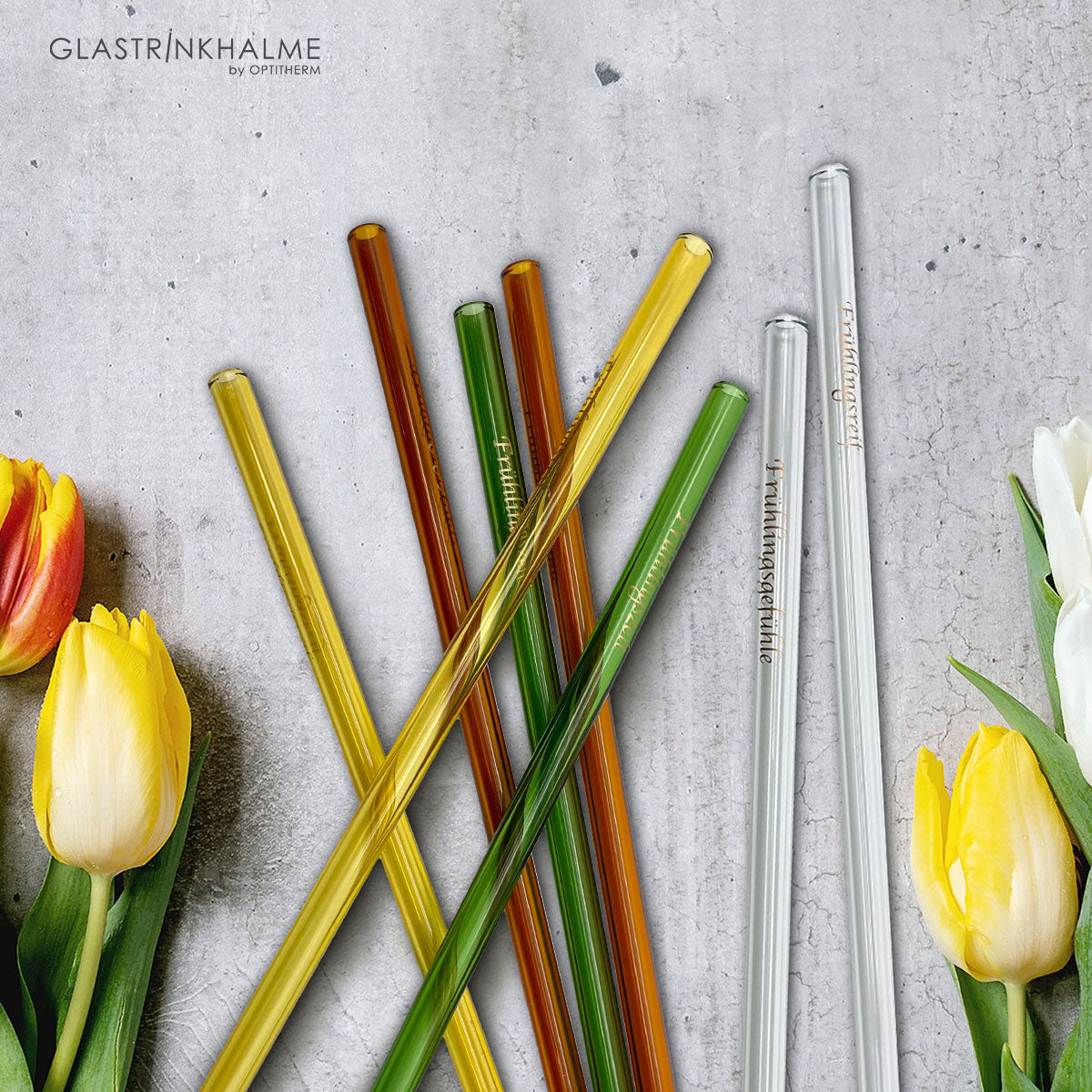 6 bunte (Amber, Gelb, Grün, Klar) Glastrinkhalme (20 cm) mit Druck