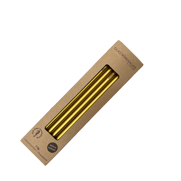 6 Gold Glastrinkhalme mit Gravur (20 cm) "Weihnachtliche Motive" + Reinigungsbürste