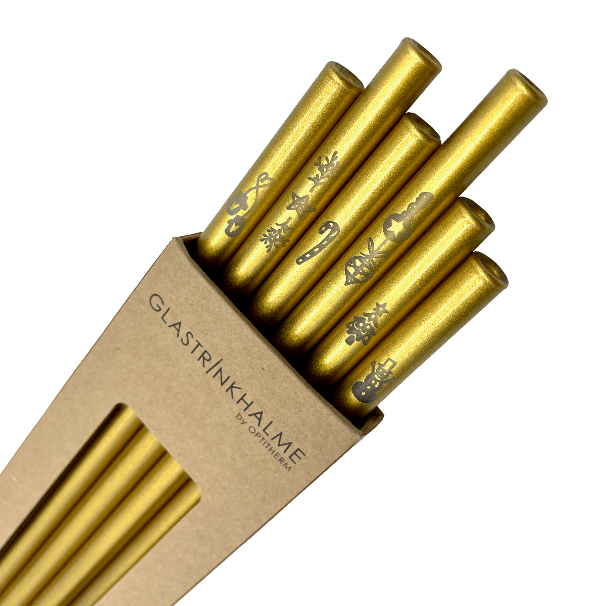 6 Gold Glastrinkhalme mit Gravur (20 cm)