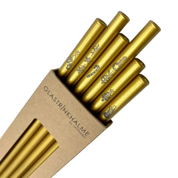 6 Gold Glastrinkhalme mit Gravur (20 cm) "Weihnachtliche Motive" + Reinigungsbürste