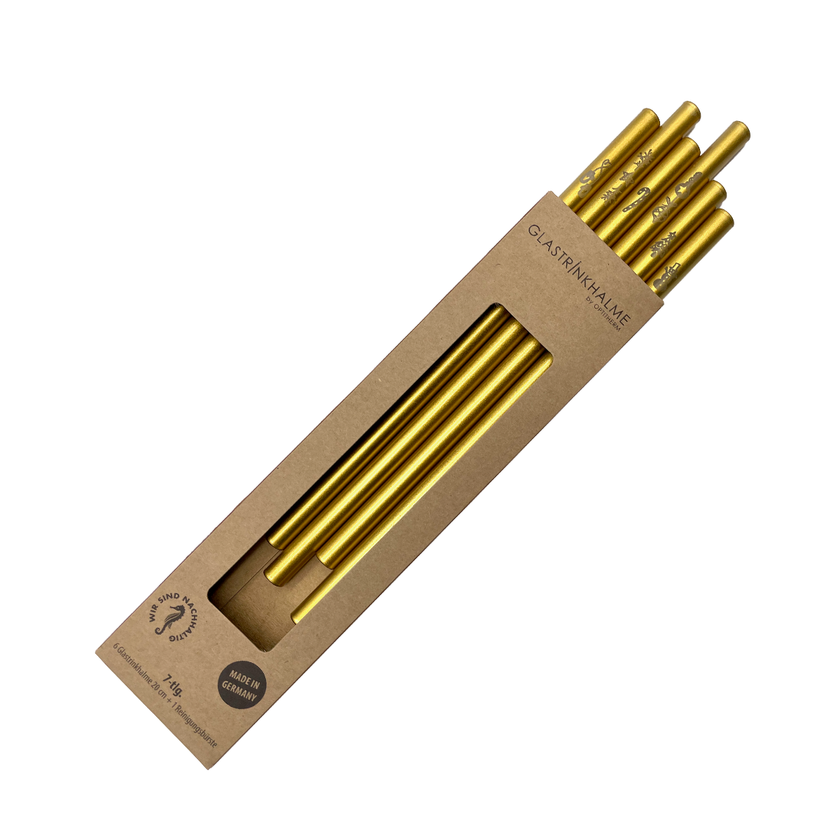 6 Gold Glastrinkhalme mit Gravur (20 cm)
