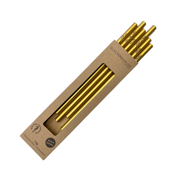 6 Gold Glastrinkhalme mit Gravur (20 cm) "Weihnachtliche Motive" + Reinigungsbürste