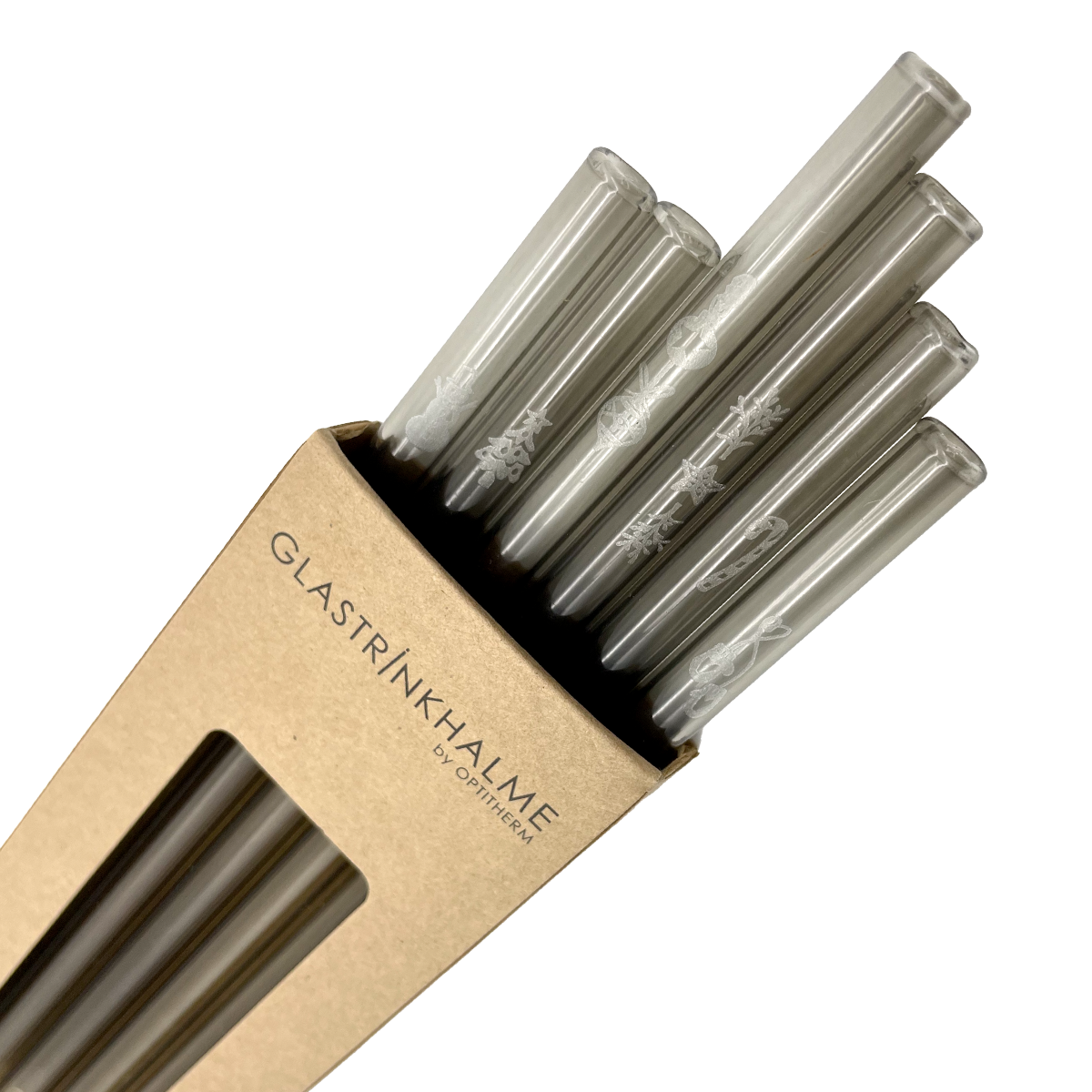 6 Graue Glastrinkhalme mit Gravur (20 cm)