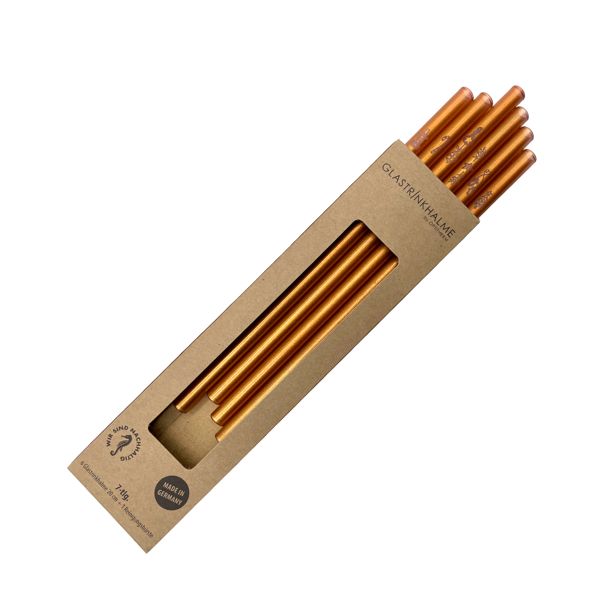 6 Kupfer Glastrinkhalme mit Gravur (20 cm)