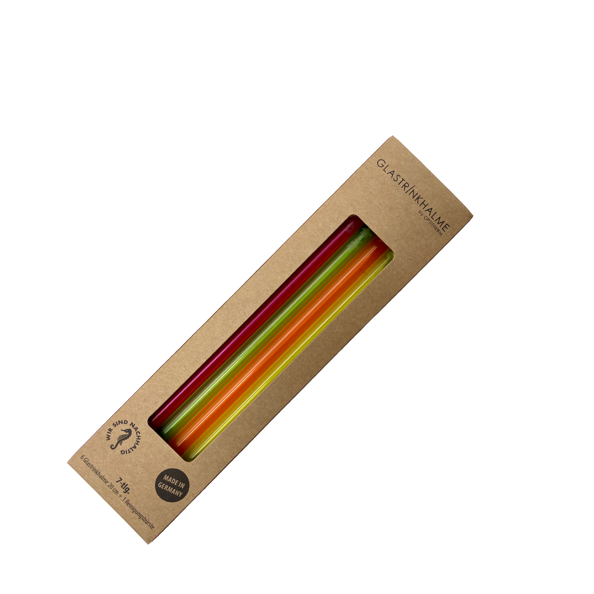 Im Set enthalten sind 4 Neon-farbige (1 x Neonorange, 1 x Neonpink, 1 x Neongelb, 1 x Neongrün) sowie 2 klare Glastrinkhalme (20 cm, gerade), die mit weihnachtlichen Motiven graviert sind und eine Reinigungsbürste aus Nylon. Sie können in einer neutralen, oder weihnachtlichen Verpackung erworben werden. Bitte bei der Bestellung angeben.