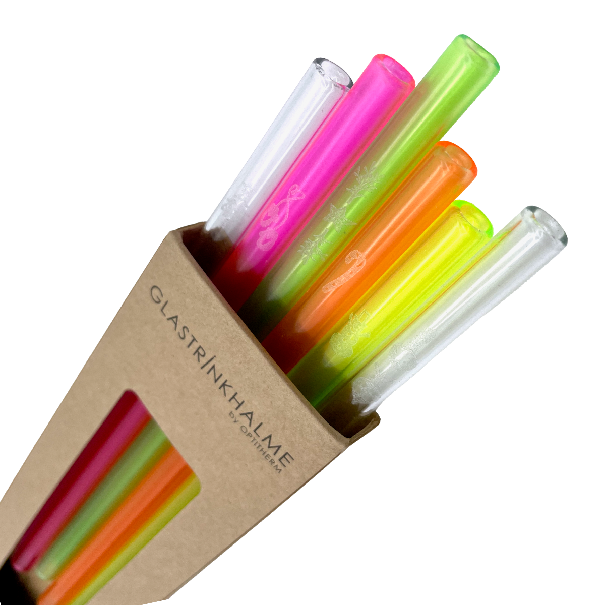 Im Set enthalten sind 4 Neon-farbige (1 x Neonorange, 1 x Neonpink, 1 x Neongelb, 1 x Neongrün) sowie 2 klare Glastrinkhalme (20 cm, gerade), die mit weihnachtlichen Motiven graviert sind und eine Reinigungsbürste aus Nylon. Sie können in einer neutralen, oder weihnachtlichen Verpackung erworben werden. Bitte bei der Bestellung angeben.