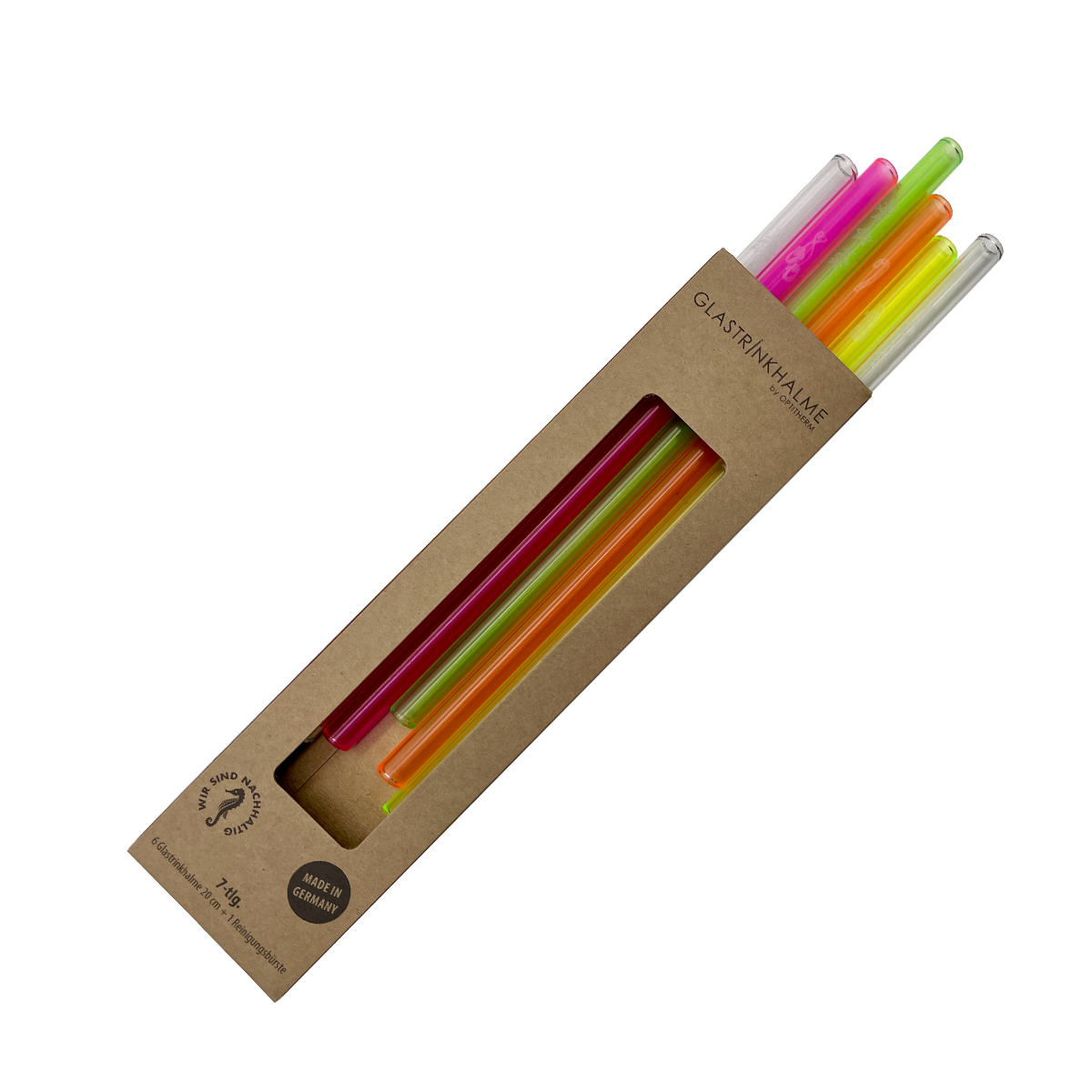 Im Set enthalten sind 4 Neon-farbige (1 x Neonorange, 1 x Neonpink, 1 x Neongelb, 1 x Neongrün) sowie 2 klare Glastrinkhalme (20 cm, gerade), die mit weihnachtlichen Motiven graviert sind und eine Reinigungsbürste aus Nylon. Sie können in einer neutralen, oder weihnachtlichen Verpackung erworben werden. Bitte bei der Bestellung angeben.