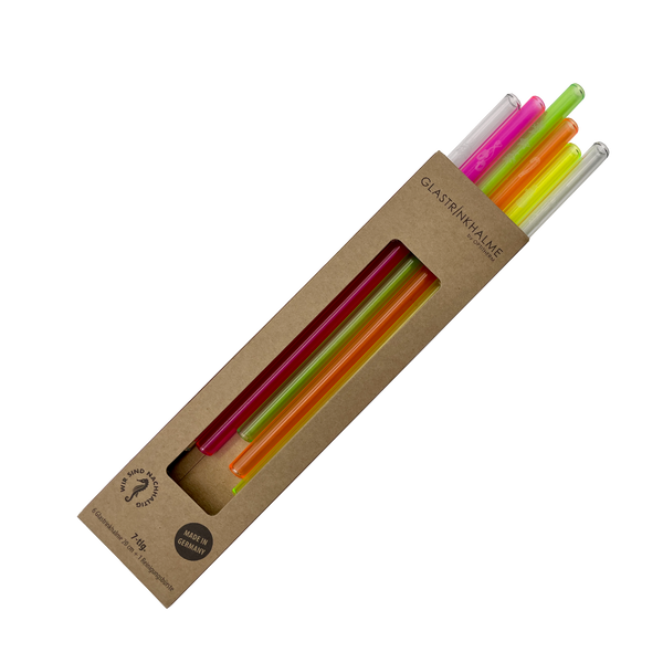 Im Set enthalten sind 4 Neon-farbige (1 x Neonorange, 1 x Neonpink, 1 x Neongelb, 1 x Neongrün) sowie 2 klare Glastrinkhalme (20 cm, gerade), die mit weihnachtlichen Motiven graviert sind und eine Reinigungsbürste aus Nylon. Sie können in einer neutralen, oder weihnachtlichen Verpackung erworben werden. Bitte bei der Bestellung angeben.