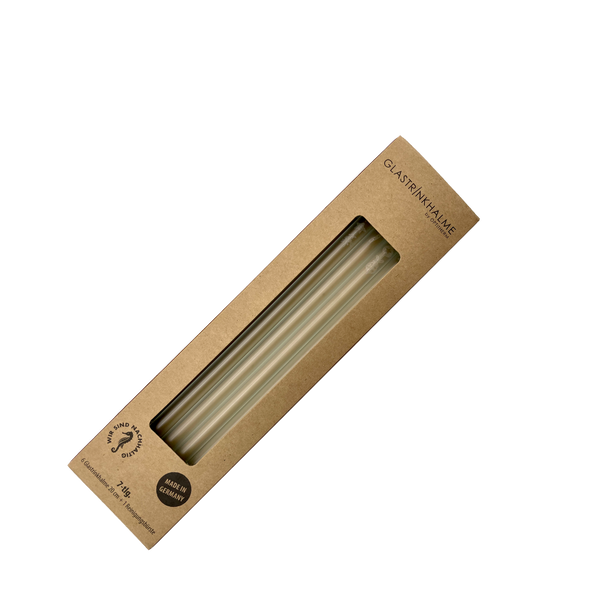 6 Weiß-satinierte Glastrinkhalme mit Gravur (20 cm) "Weihnachtliche Motive" + Reinigungsbürste