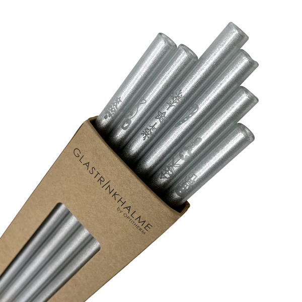 6 Silber Glastrinkhalme mit Gravur (20 cm) "Weihnachtliche Motive" + Reinigungsbürste