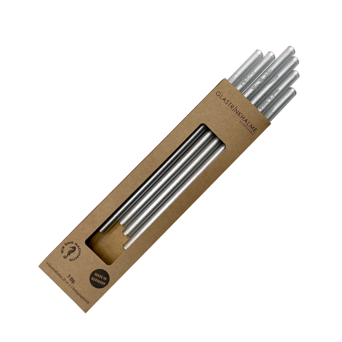 6 Silber Glastrinkhalme mit Gravur (20 cm)