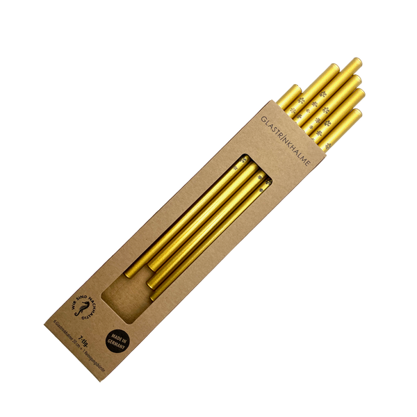 6 goldene Glastrinkhalme mit Gravur (20 cm) "Schneeflocken" + Reinigungsbürste