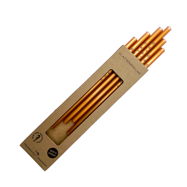6 Kupfer farbige Glastrinkhalme mit Gravur (20 cm) "Schneeflocken" + Reinigungsbürste