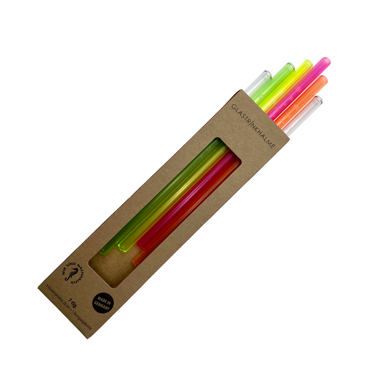 6 farblich sortierte (Neon, Klar) Glastrinkhalme