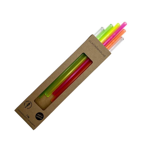 6 farblich sortierte (Neon, Klar) Glastrinkhalme "Neon-Weihnachten" mit Gravur (20 cm) "Schneeflocken" + Reinigungsbürste