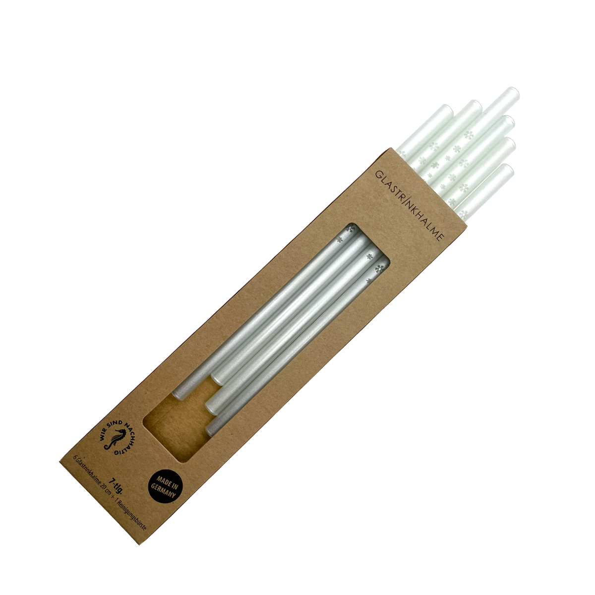 6 weiß-satinierte Glastrinkhalme mit Gravur (20 cm)