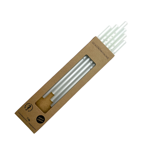 6 weiß-satinierte Glastrinkhalme mit Gravur (20 cm) "Sterne gerade" + Reinigungsbürste