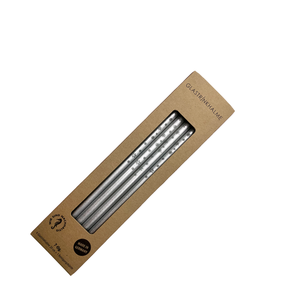 6 silberne Glastrinkhalme mit Gravur (20 cm)