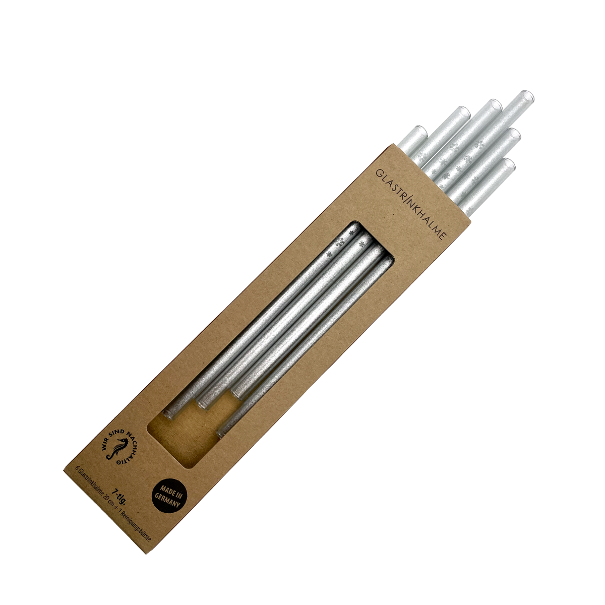 6 silberne Glastrinkhalme mit Gravur (20 cm)