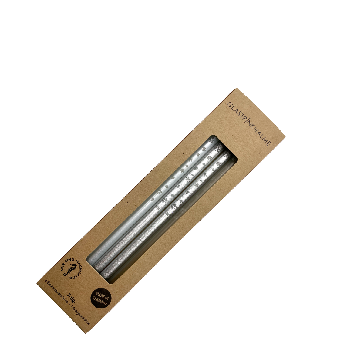 6 farblich sortierte (Silber, Perlmutt, Satiniert) Glastrinkhalme