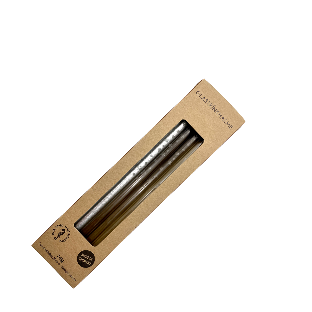 6 farblich sortierte (Grau, Klar, Silber) Glastrinkhalme