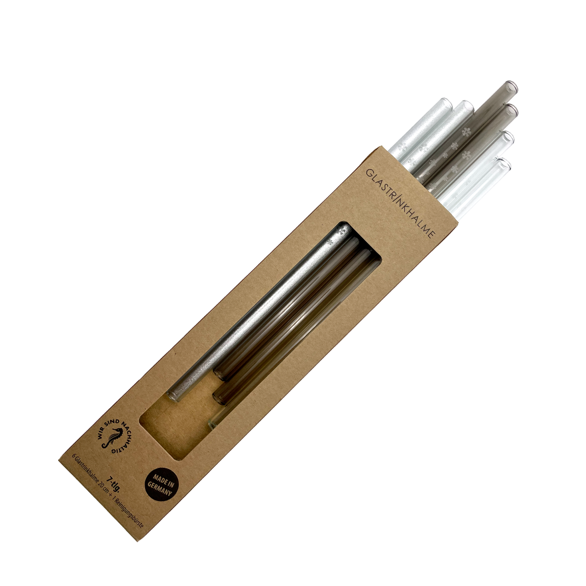 6 farblich sortierte (Grau, Klar, Silber) Glastrinkhalme