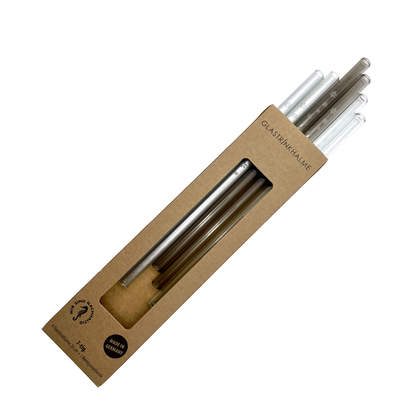 6 farblich sortierte (Grau, Klar, Silber) Glastrinkhalme "Silbermix" mit Gravur (20 cm) "Schneeflocken" + Reinigungsbürste
