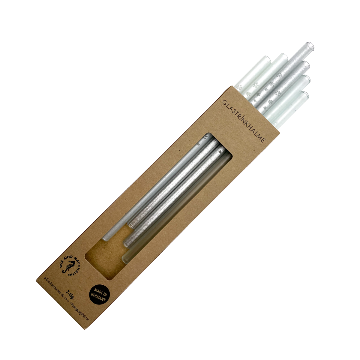6 farblich sortierte (Silber, Perlmutt, Satiniert) Glastrinkhalme
