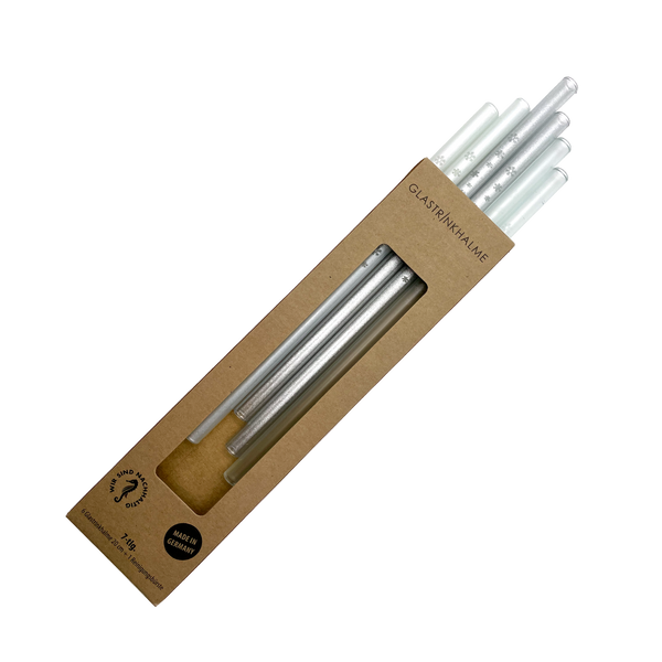 6 farblich sortierte (Silber, Perlmutt, Satiniert) Glastrinkhalme "Silbermix2" mit Gravur (20 cm) "Schneeflocken" + Reinigungsbürste