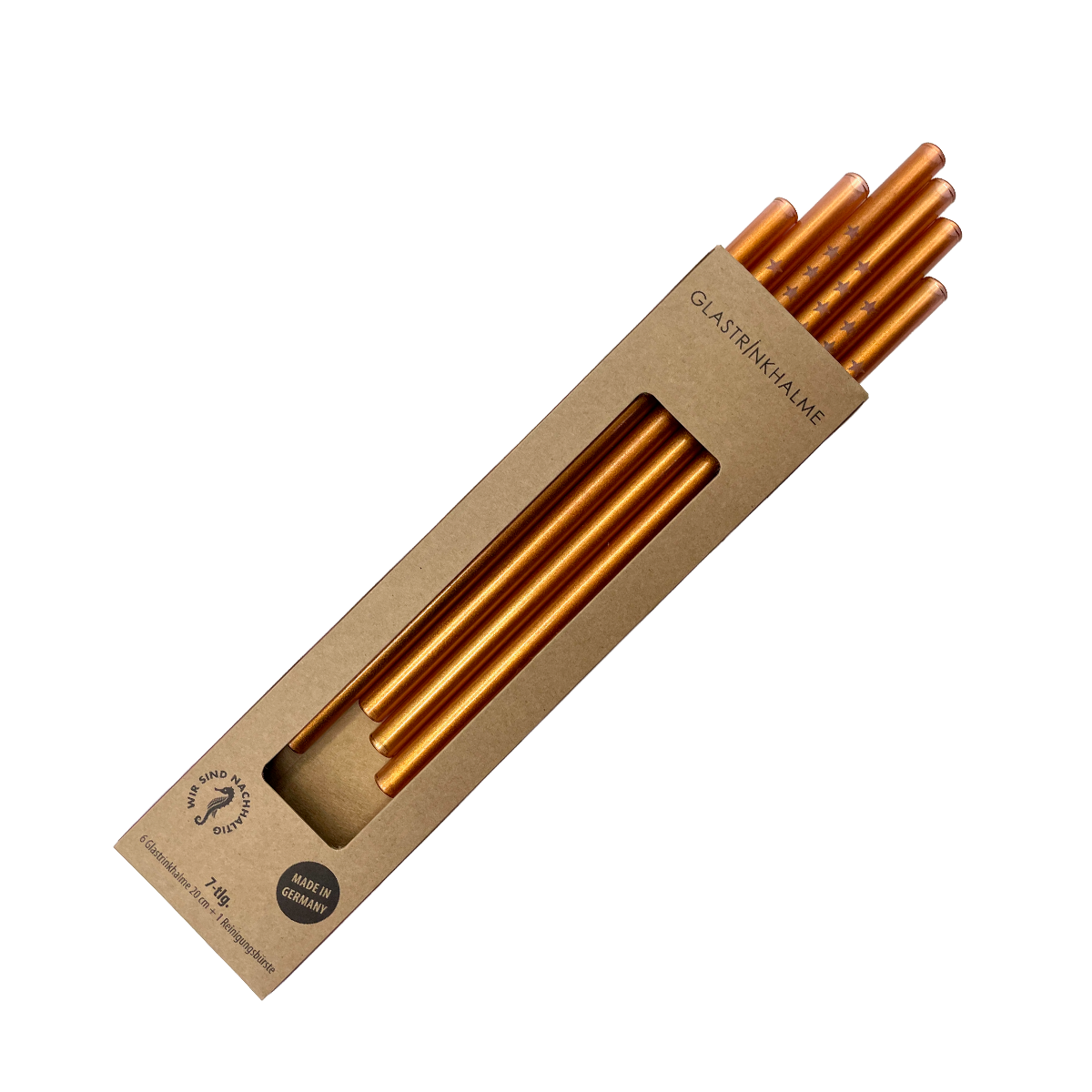 6 Kupfer farbige Glastrinkhalme mit Gravur (20 cm)