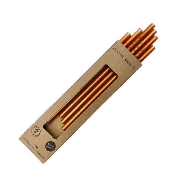 6 Kupfer farbige Glastrinkhalme mit Gravur (20 cm) "Sterne gerade" + Reinigungsbürste