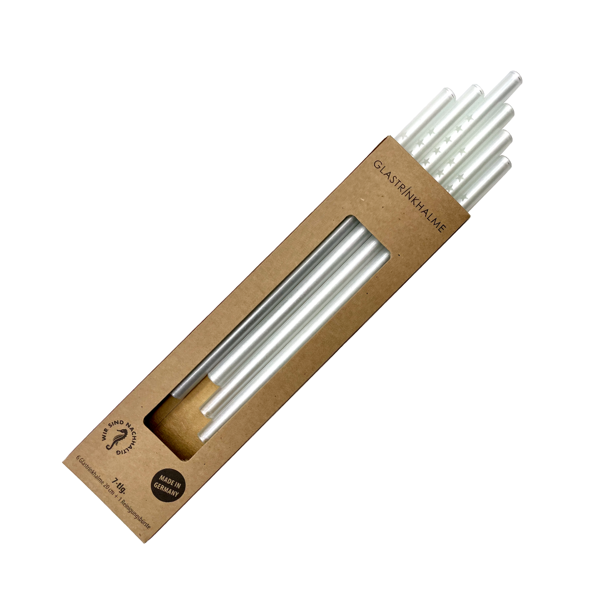 6 Perlmutt farbige Glastrinkhalme mit Gravur (20 cm)