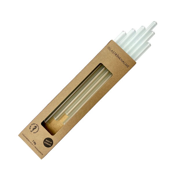 6 weiß-satinierte Glastrinkhalme mit Gravur (20 cm) "Sterne gerade" + Reinigungsbürste