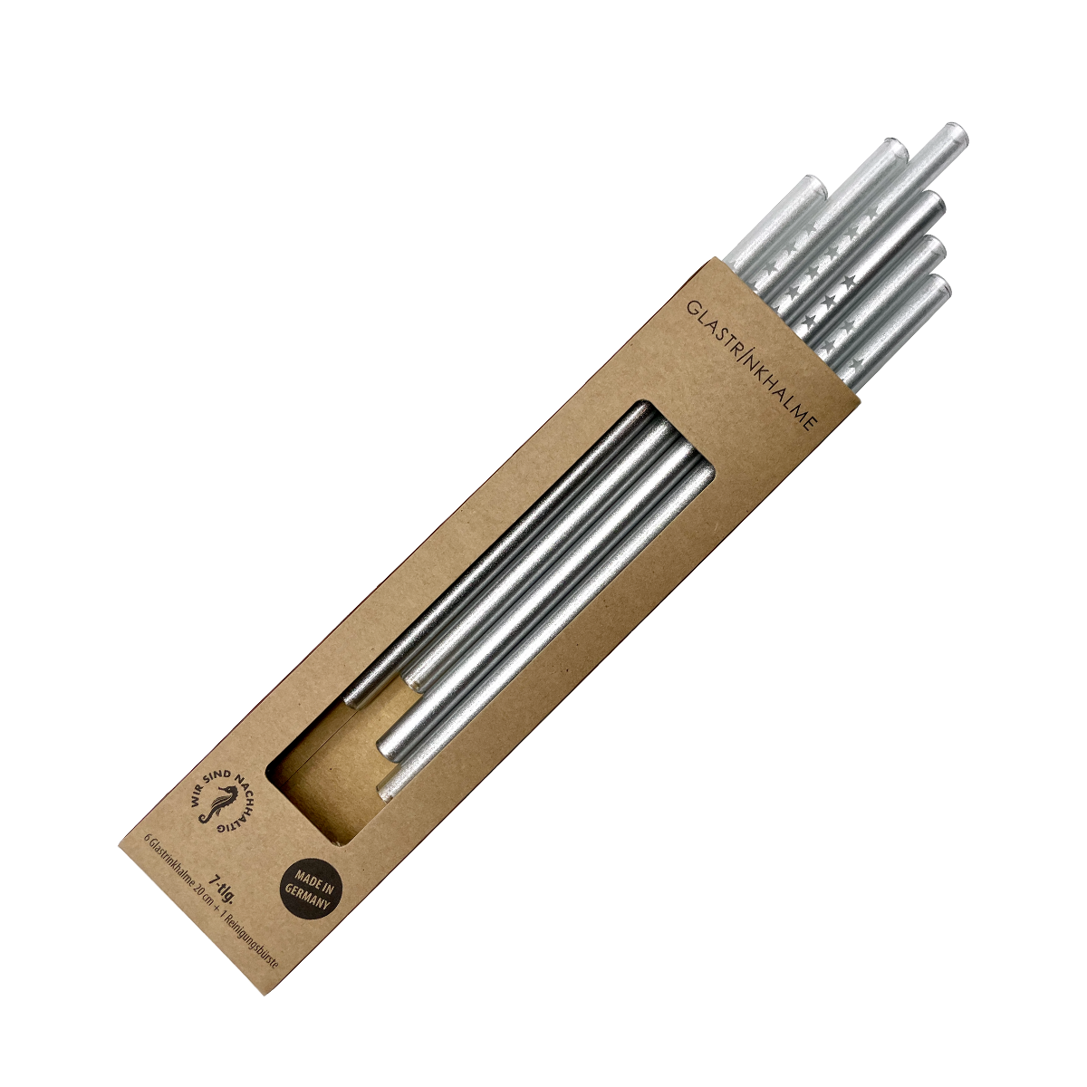 6 silberne Glastrinkhalme mit Gravur (20 cm)