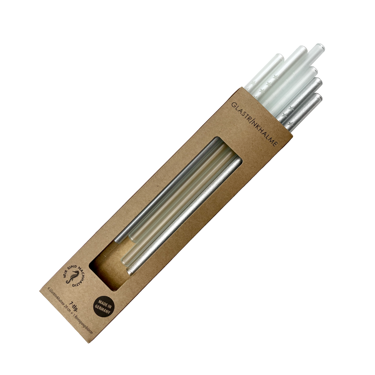 6 farblich sortierte (Silber, Weiß-Satiniert, Perlmutt) Glastrinkhalme