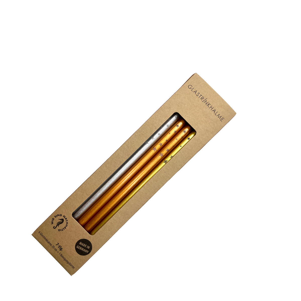 6 farblich sortierte (Silber, Gold, Kupfer) Glastrinkhalme mit Gravur (20 cm)