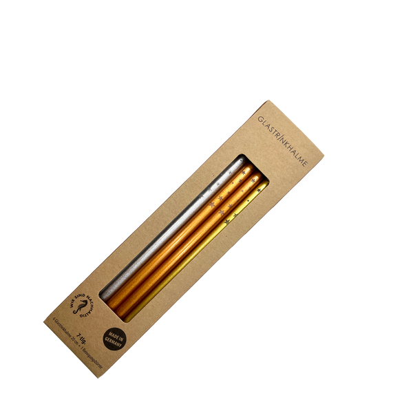 6 farblich sortierte (Silber, Gold, Kupfer) Glastrinkhalme mit Gravur (20 cm) "Sterne versetzt" + Reinigungsbürste